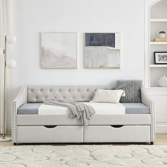 Twin Size Daybed with 2 Storage Drawers,Linen Upholstered Sofa Bed W/Button on Back & Copper Nail on Waved Shape Armrests,No Spring Box Need,Wood Bedframe for Living Room Bedroom Dorm,Beige - LeafyLoom
