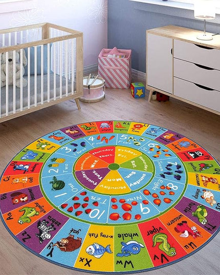HEBE Kids Play Rug 4ft ABC Alphabet Numbers Shapes Educational Kid Area Rug Washable Baby Crawling Mat Non Slip Kid Play Mat Carpet for Girl Boy Bedroom Playroom - LeafyLoom