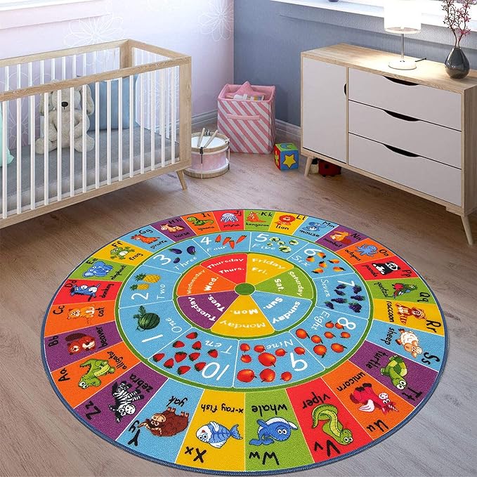 HEBE Kids Play Rug 4ft ABC Alphabet Numbers Shapes Educational Kid Area Rug Washable Baby Crawling Mat Non Slip Kid Play Mat Carpet for Girl Boy Bedroom Playroom - LeafyLoom