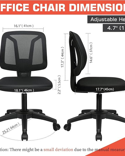 Armless Mesh Office Chair Ergonomic Swivel Black Small Computer Desk Chair No Arms with Lumbar Support Height Adjustable Task Chair for Adults and Kids - LeafyLoom