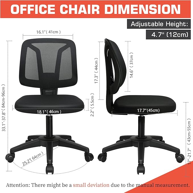Armless Mesh Office Chair Ergonomic Swivel Black Small Computer Desk Chair No Arms with Lumbar Support Height Adjustable Task Chair for Adults and Kids - LeafyLoom