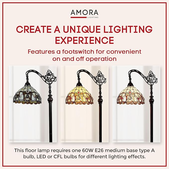 Amora Tiffany Style Floor Lamp Arched 62" Tall Stained Glass Tan Yellow Brown Antique Vintage Light Decor Bedroom Living Room Reading Gift AM272FL11B Lighting - LeafyLoom