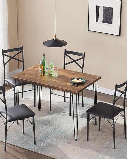 VECELO Kitchen Dining Room Table 4 Chairs for Small Space, Apartment,Metal Steel Frame, 5-Piece Set, Brown - LeafyLoom