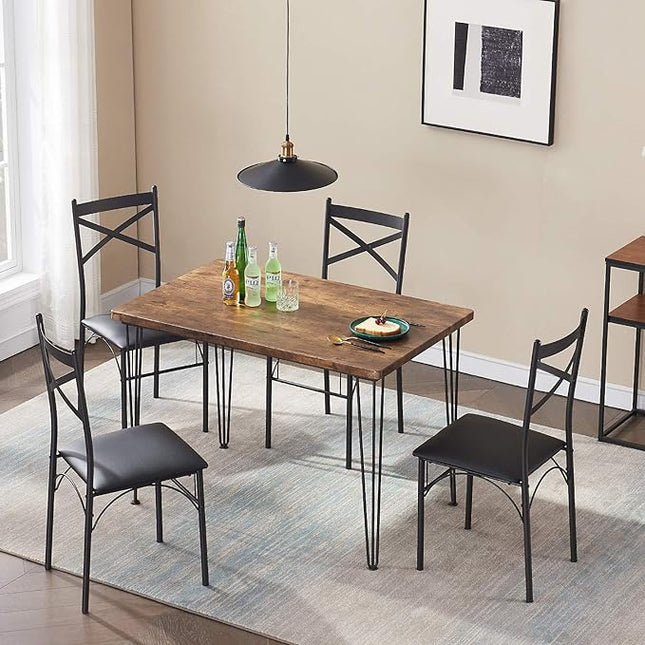 VECELO Kitchen Dining Room Table 4 Chairs for Small Space, Apartment,Metal Steel Frame, 5-Piece Set, Brown - LeafyLoom