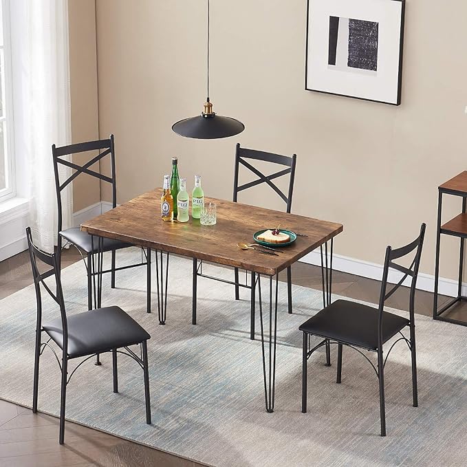 VECELO Kitchen Dining Room Table 4 Chairs for Small Space, Apartment,Metal Steel Frame, 5-Piece Set, Brown - LeafyLoom