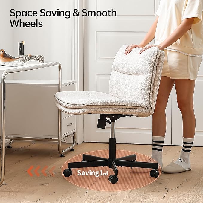 EMIAH Armless Office Desk Chair with Wheels Faux Fur Vanity Mid-Back Ergonomic Home Computer Comfortable Adjustable Swivel Furry Task Chair with Thickened Cushion - LeafyLoom