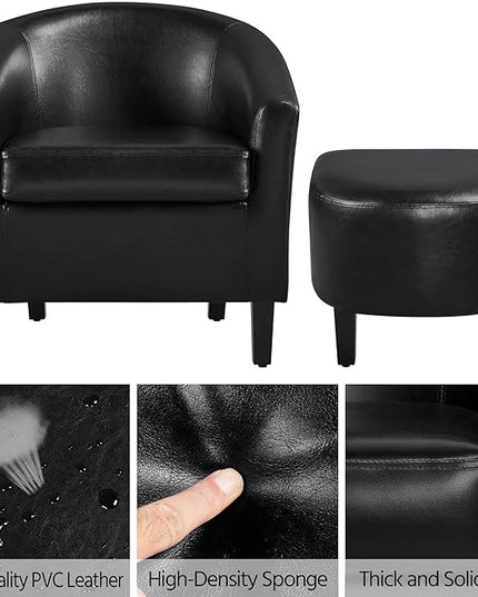 Yaheetech Accent Chair with Ottoman Set, Modern Faux Leather Upholstered Soft Barrel Chair and Footrest, Club Armchair and Footstool for Living Room/Bedroom/Reading Room/Guest Room, Black - LeafyLoom