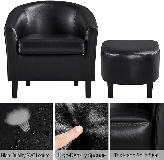 Yaheetech Accent Chair with Ottoman Set, Modern Faux Leather Upholstered Soft Barrel Chair and Footrest, Club Armchair and Footstool for Living Room/Bedroom/Reading Room/Guest Room, Black - LeafyLoom