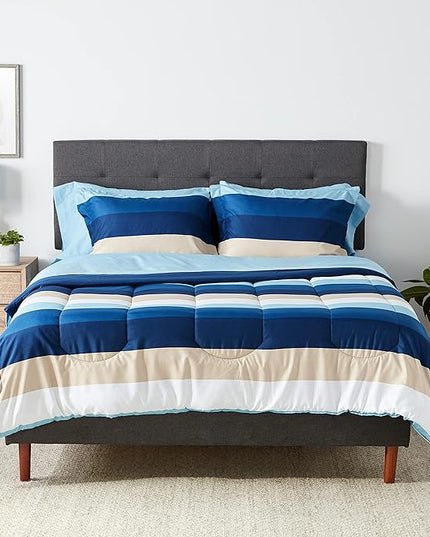 Amazon Basics Lightweight Microfiber Bed-in-a-Bag Comforter 7-Piece Bedding Set, Full/Queen, Blue Stripe, Striped - LeafyLoom