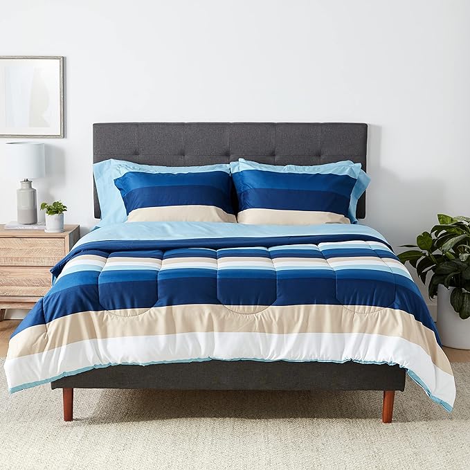 Amazon Basics Lightweight Microfiber Bed-in-a-Bag Comforter 7-Piece Bedding Set, Full/Queen, Blue Stripe, Striped - LeafyLoom