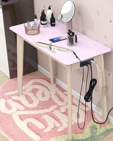 TaoHFE Pink Vanity Table with Rubber Wood Legs Small Spaces Girl Vanity Desk Glossy Pink 39 Inch Makeup Desk with USB Dressing Table No Mirror Computer Desk for Home Modern Vanity Desk for Bedroom - LeafyLoom