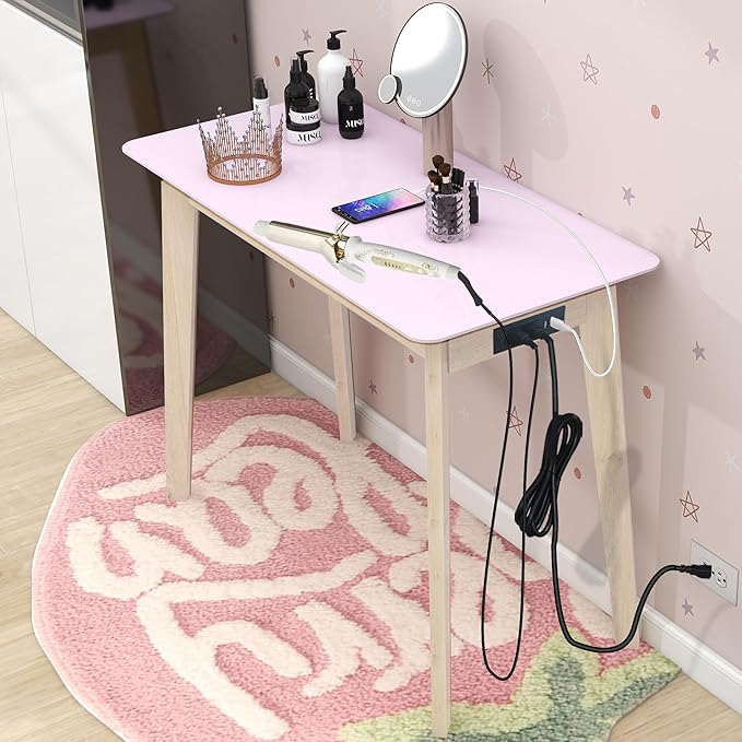 TaoHFE Pink Vanity Table with Rubber Wood Legs Small Spaces Girl Vanity Desk Glossy Pink 39 Inch Makeup Desk with USB Dressing Table No Mirror Computer Desk for Home Modern Vanity Desk for Bedroom - LeafyLoom