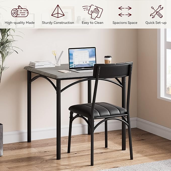 IDEALHOUSE Dining Table Set, Kitchen Table and Chairs for 2, Metal and Wood Square Dining Room Table Set with 2 Upholstered Chairs, 3 Piece Dining Table Set for Small Space, Apartment, Rustic Grey - LeafyLoom