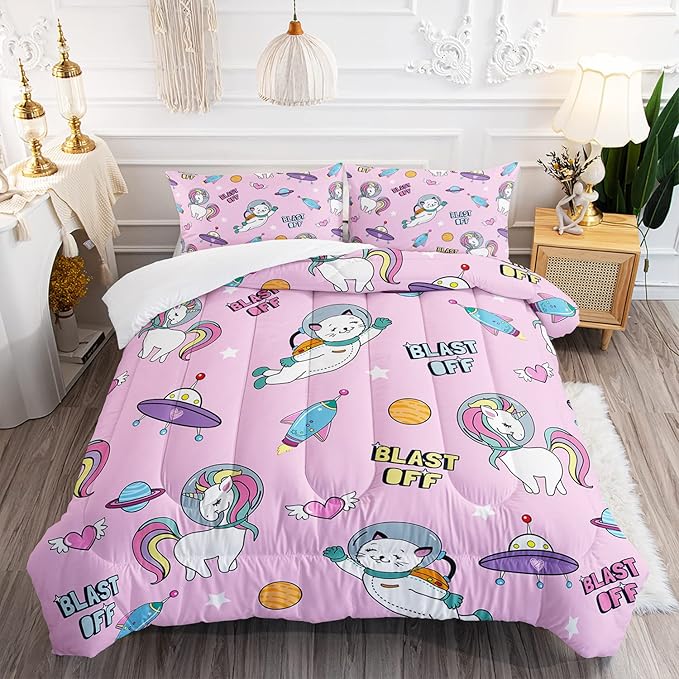 Kawaii unicorn Cat Comforter Set 3 Pieces Universe Galaxy Outer Space Bedding Set Astronaut Rocket Bed Quilt Set for Girls Boys Kids Pink - LeafyLoom