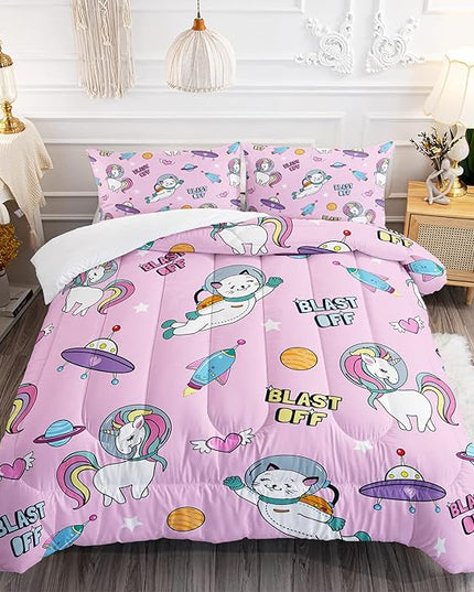 Kawaii unicorn Cat Comforter Set 3 Pieces Universe Galaxy Outer Space Bedding Set Astronaut Rocket Bed Quilt Set for Girls Boys Kids Pink - LeafyLoom