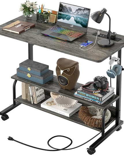 32" Height Adjustable Standing Desk with Power Outlets - Manual Rolling Stand Up Desk with Wheels Small Portable Computer Desk Mobile Laptop Table with Storage Shelves for Home Office, Grey Oak - LeafyLoom