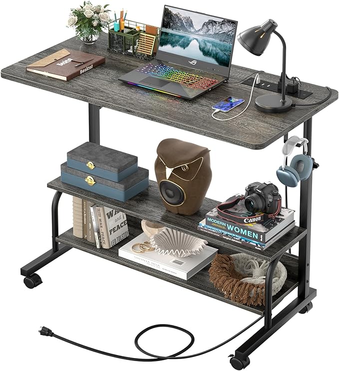 32" Height Adjustable Standing Desk with Power Outlets - Manual Rolling Stand Up Desk with Wheels Small Portable Computer Desk Mobile Laptop Table with Storage Shelves for Home Office, Grey Oak - LeafyLoom