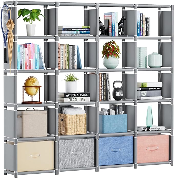 Mavivegue Book Shelf, 20 Cube Storage Organizer, DIY Bookcase, Metal Cube Bookshelf,Tall Book case for Bedroom, Living Room,Office,Closet Storage Organizer, Grey Cubicle Storage Rack - LeafyLoom