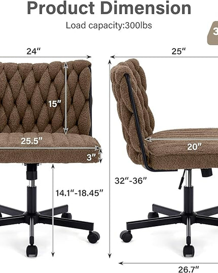 Criss Cross Legged Office Desk Chair with Wheels, Modern Armless Desk Chair with Wide Seat, Home Office Chair for Work, Meditation, Vanity, Brown - LeafyLoom