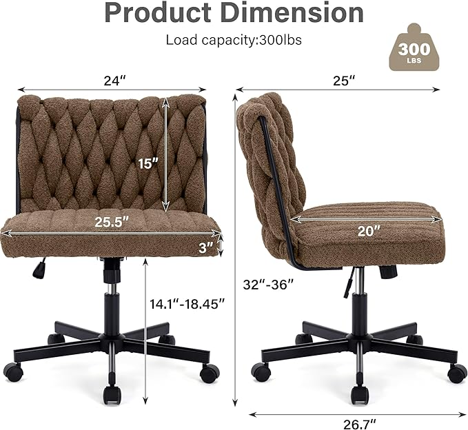 Criss Cross Legged Office Desk Chair with Wheels, Modern Armless Desk Chair with Wide Seat, Home Office Chair for Work, Meditation, Vanity, Brown - LeafyLoom