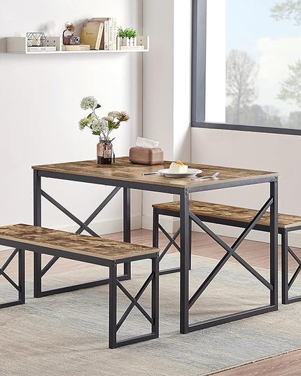 VECELO Kitchen Table with 2 Benches for 4, Wood Dining Room Dinette Sets with Metal Frame for Breakfast Nook and Small Space, 43.3", Brown - LeafyLoom