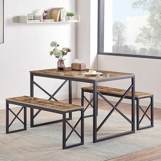VECELO Kitchen Table with 2 Benches for 4, Wood Dining Room Dinette Sets with Metal Frame for Breakfast Nook and Small Space, 43.3", Brown - LeafyLoom