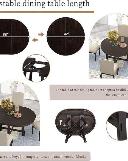 5 Piece Round Farmhouse Wooden Dining Table Set with 4 Upholstered Chairs, Extendable Restaurant Furniture, for Kitchen, Diningroom, Living Room, Espresso+Brown - LeafyLoom