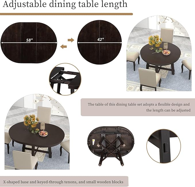 5 Piece Round Farmhouse Wooden Dining Table Set with 4 Upholstered Chairs, Extendable Restaurant Furniture, for Kitchen, Diningroom, Living Room, Espresso+Brown - LeafyLoom