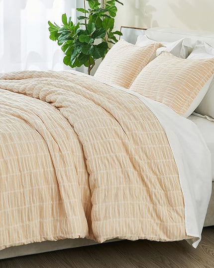 Full/Queen 100% Cotton Comforter Set | Taupe Puckered Striped Down Alternative Comforter | All Season, Linen-Like, Textured 3 Piece Bedding Comforter Set (Full/Queen, Taupe) - LeafyLoom