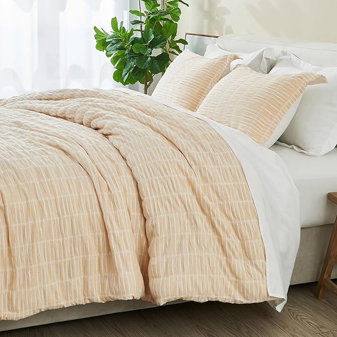 Full/Queen 100% Cotton Comforter Set | Taupe Puckered Striped Down Alternative Comforter | All Season, Linen-Like, Textured 3 Piece Bedding Comforter Set (Full/Queen, Taupe) - LeafyLoom