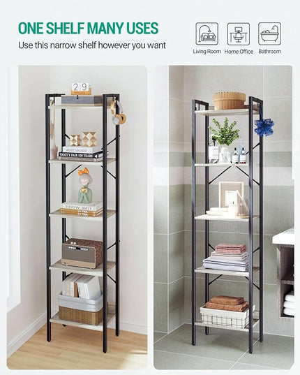 Bookshelf, Book Shelf, Industrial Bookcase with 2 Hooks, Coner Shelf Storage Organizer for Home Office, Living Room, Bedroom, Kitchen, 5-Tier Greige BC10505B - LeafyLoom