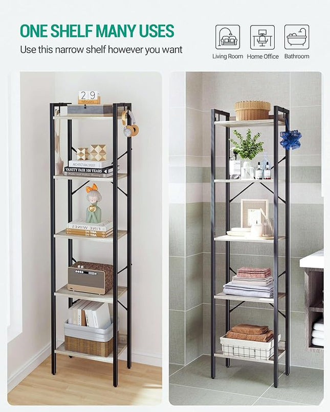 Bookshelf, Book Shelf, Industrial Bookcase with 2 Hooks, Coner Shelf Storage Organizer for Home Office, Living Room, Bedroom, Kitchen, 5-Tier Greige BC10505B - LeafyLoom