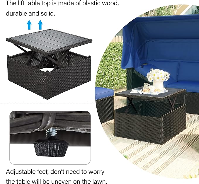 Patio Rectangle Daybed with Retractable Canopy and Lift Up Side Table, PE Rattan Wicker Outdoor Furniture Sectional Sofa Set Sunbed w/Ottoman for Garden, Onesize, Grey Rattan&Blue Cushions - LeafyLoom