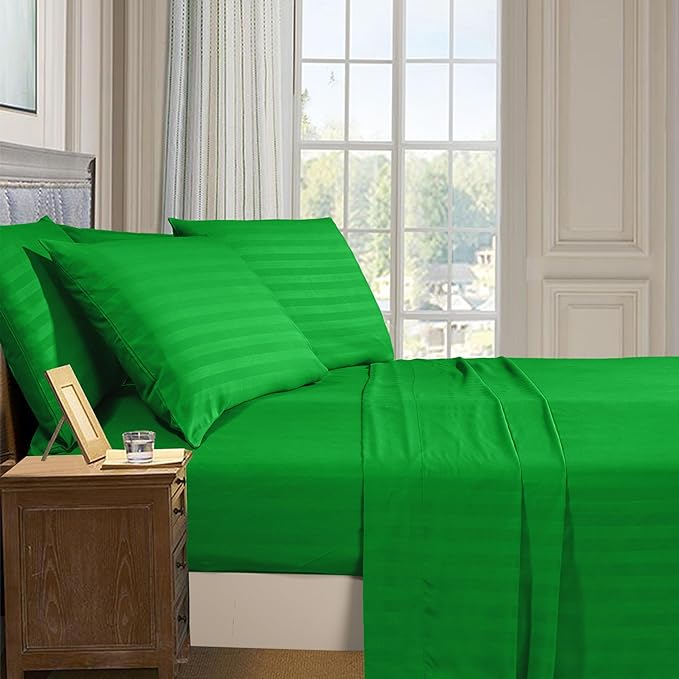 Elegant Comfort Softest and Coziest 6-Piece Sheet Set - 1500 Premium Hotel Quality Microfiber - Deep Pocket, Wrinkle Resistant 6-Piece Damask Stripe Bed Sheet Set, California King, Emerald Gren - LeafyLoom