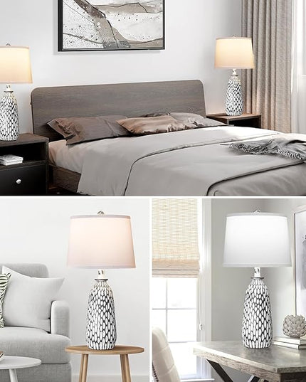 QiMH Modern Coastal Table Lamps for Bedroom Set of 2, Bedside Lamp with White Shade, Gray White Resin Nightstand Lamp for Living Room Home Lighting Decor,3-Color Temperature LED Bulbs Included - LeafyLoom