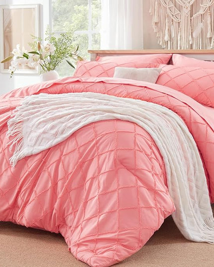 Boho Coral Pink Comforter Set with Jacquard Tufted Design,Farmhouse Bedding Sets for All Seasons,Soft 7 Pieces King Bed in a Bag with Comforter,Flat Sheet,Fitted Sheet,Pillowcases & Shams - LeafyLoom