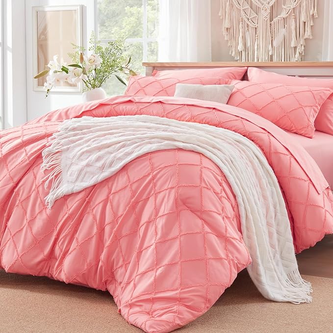 Boho Coral Pink Comforter Set with Jacquard Tufted Design,Farmhouse Bedding Sets for All Seasons,Soft 7 Pieces King Bed in a Bag with Comforter,Flat Sheet,Fitted Sheet,Pillowcases & Shams - LeafyLoom
