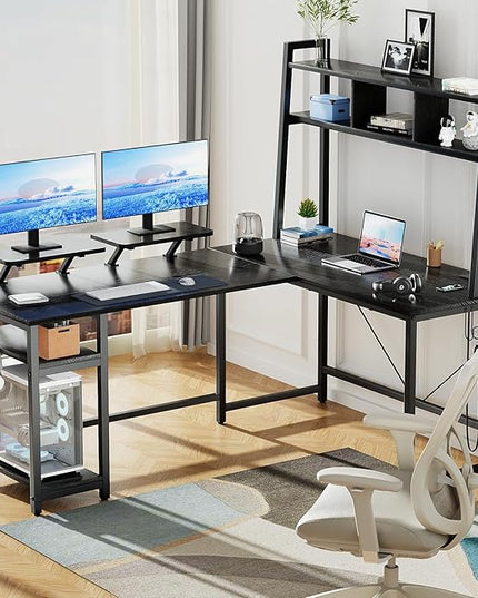 L-Shaped Gaming Desk with Hutch, Monitor Stands, Storage Shelves, LED Lights & Power Outlets - 94.5 inch Reversible Black Corner Computer Desk for Home Office - LeafyLoom