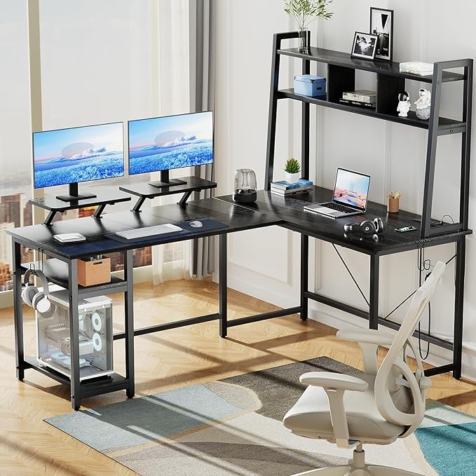 L-Shaped Gaming Desk with Hutch, Monitor Stands, Storage Shelves, LED Lights & Power Outlets - 94.5 inch Reversible Black Corner Computer Desk for Home Office - LeafyLoom
