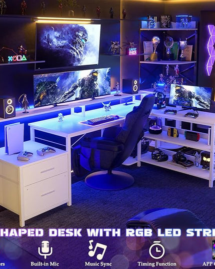 Aheaplus L Shaped Desk with File Drawer, 72.8" Reversible L Shaped Computer Desk with Power Outlet & LED Strip, Gaming Desk with Long Monitor Stand, Office Desk Corner Desk with Storage Shelf, White - LeafyLoom