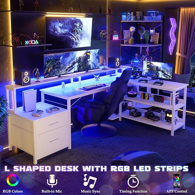 Aheaplus L Shaped Desk with File Drawer, 72.8" Reversible L Shaped Computer Desk with Power Outlet & LED Strip, Gaming Desk with Long Monitor Stand, Office Desk Corner Desk with Storage Shelf, White - LeafyLoom