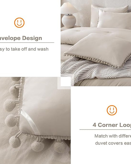 Litanika Comforter Full Size Set Linen Grey,3 Pieces Linen Grey Boho Pom Pom Lightweight Bed Comforter Full,All Season Solid Color Bedding Comforter Sets (1 Comforter 79x90 Inch, 2 Pillowcases) - LeafyLoom
