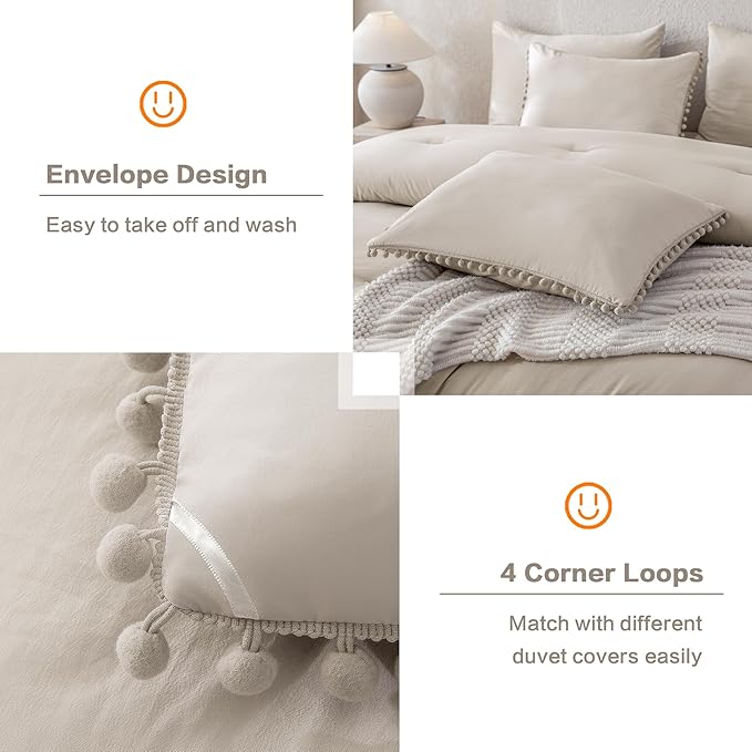 Litanika Comforter Full Size Set Linen Grey,3 Pieces Linen Grey Boho Pom Pom Lightweight Bed Comforter Full,All Season Solid Color Bedding Comforter Sets (1 Comforter 79x90 Inch, 2 Pillowcases) - LeafyLoom