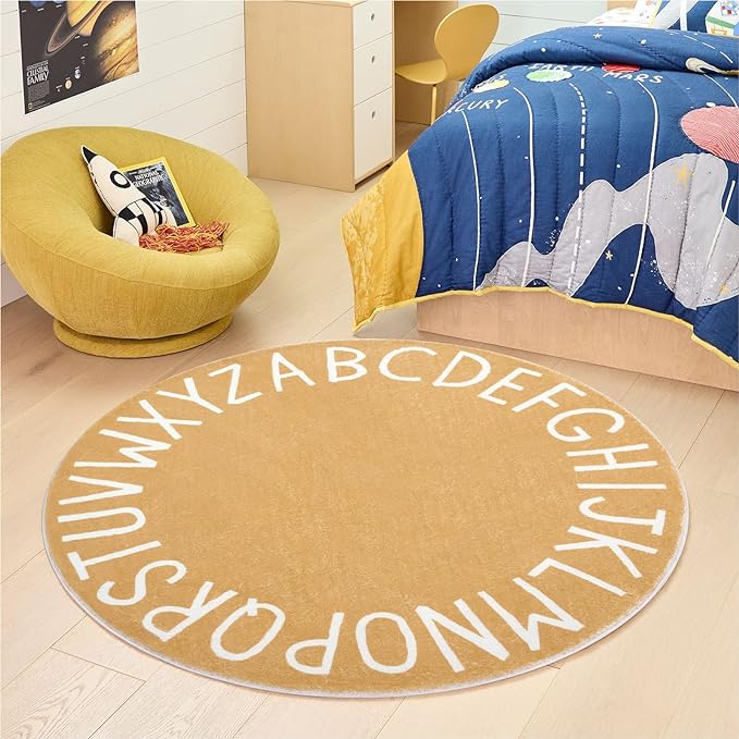 Topotdor Round Kids Play Rug Alphabet Nursery Area Rug Extra Large Soft Crawling Play Mat for Children Toddlers Bedroom (47 inch, Brown) - LeafyLoom