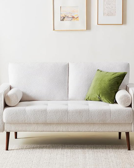 Vonanda 56" Loveseat Small Couch, Mid-Century 2 Seater Sofa velvet boucle Couch with Hand-Stitched Comfort Cushion and Bolster Pillows for Living Room, Loveseat Boucle White - LeafyLoom