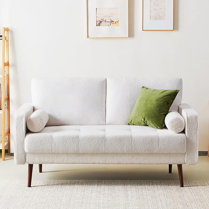 Vonanda 56" Loveseat Small Couch, Mid-Century 2 Seater Sofa velvet boucle Couch with Hand-Stitched Comfort Cushion and Bolster Pillows for Living Room, Loveseat Boucle White - LeafyLoom