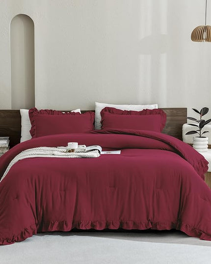 Andency Burgundy California King Comforter Set, 3 Pieces Cal King Ruffle Farmhouse Shabby Chic Comforter, Oversized All Season Lightweight Soft Microfiber Bedding Comforter (104x96Inch) - LeafyLoom