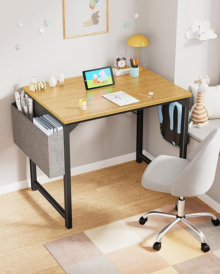 OLIXIS Computer Small Desk 32 Inch Home Office Writing Study Work Storage Bag Headphone Hooks Simple Wood Kids Student Table, Modern Nature - LeafyLoom