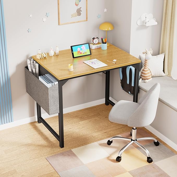 OLIXIS Computer Small Desk 32 Inch Home Office Writing Study Work Storage Bag Headphone Hooks Simple Wood Kids Student Table, Modern Nature - LeafyLoom