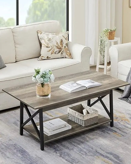 GreenForest Coffee Table Large 43.3 x 23.6 inch Rustic Farmhouse with Storage Shelf for Living Room, Easy Assembly, Grey WASH - LeafyLoom